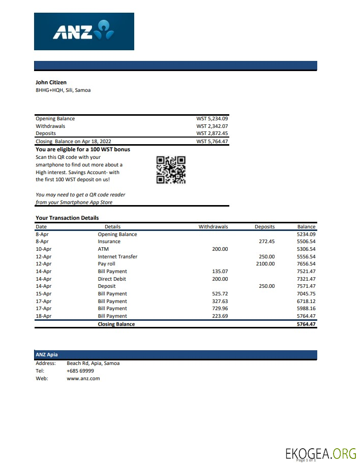 Relevé bancaire Samoa ANZ xls